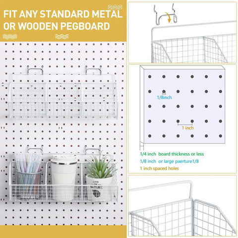 Two Pack 3-Grid Metal Pegboard Baskets With Four Hooks Wall Mount Garage Organizer installed on pegboard with items
