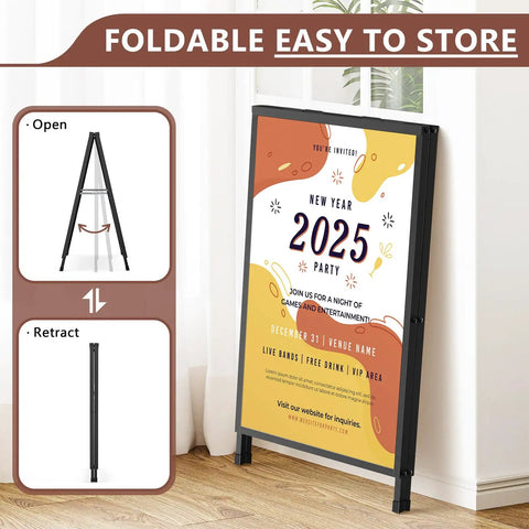 Double Sided 24x36 Inch Street Poster Sign Heavy Duty Folding Sidewalk Board With Slide In Steel Frame Outdoor Indoor Advertising That Grabs Attention For Businesses, shown folded and open with colorful poster.
