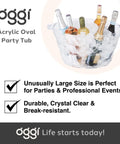 Acrylic Oval Party Tub With Handles For Chilling Drinks, crystal clear beverage cooler with ice and assorted bottles.