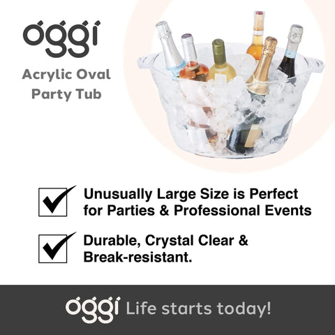Acrylic Oval Party Tub With Handles For Chilling Drinks, crystal clear beverage cooler with ice and assorted bottles.