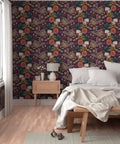 Custom Printed Blue Floral Wallpaper Matte Linen Texture PVC-Free Type II Heavy Duty Pro Grade Wall Covering in bedroom setting.