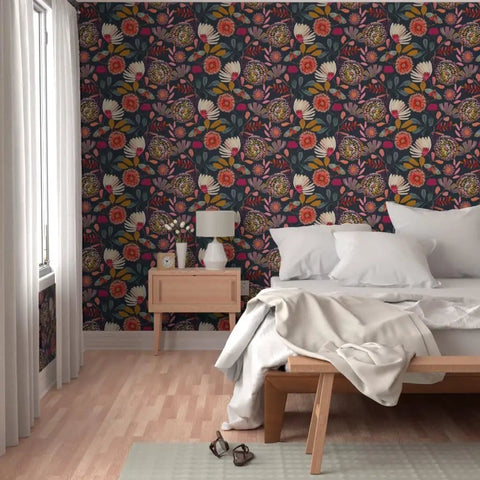 Custom Printed Blue Floral Wallpaper Matte Linen Texture PVC-Free Type II Heavy Duty Pro Grade Wall Covering in bedroom setting.