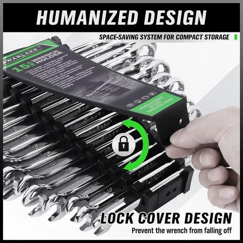 Hand demonstrating snap-lid feature on 30-Piece Wrench Organizer Set With Dual Portable Racks For SAE And Metric Wrenches, Snap-Lid Secure Storage.