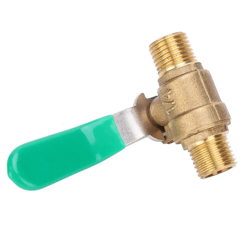 Straight Shooter 1/4 Inch Brass Ball Valve Four Pack With Dead Simple Shut Off For Hot And Cold Water Plumbing Setup featuring green handle.
