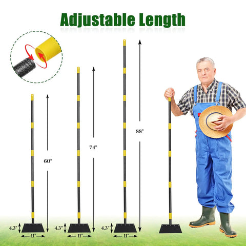 Heavy Duty Garden Shovel With 48 Inch Handle All Season Outdoor Tool 4.3 Inch Wide Blade Rust Proof Steel Ergonomic Grip Bust Tough For Seniors Perfect For Weed Removal Snow Scraping Moss Cleanup adjustable length display.