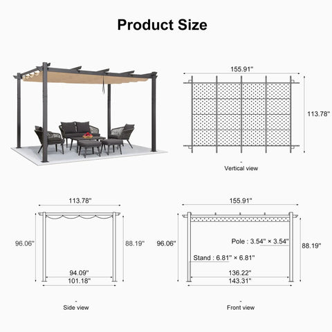 10 Ft By 13 Ft Outdoor Retractable Pergola With Sun Shade Canopy For Patio Garden Porch Beach Pavilion Grill Gazebo Beige diagram