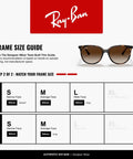 Ray-Ban sunglasses frame size guide chart with brown gradient lenses shown, 54mm model for narrow and average faces, unisex.