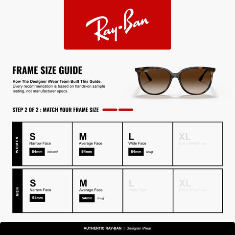 Ray-Ban sunglasses frame size guide chart with brown gradient lenses shown, 54mm model for narrow and average faces, unisex.