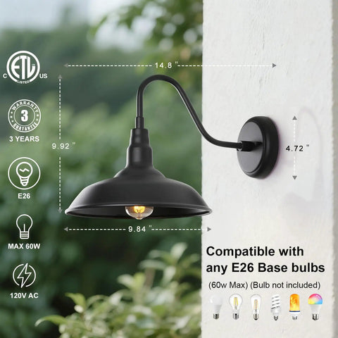 Black Gooseneck Barn Light With 10 Inch Dome Exterior Wall Mount Lamp For Farmhouse Garage Porch Patio Outdoor Sconce Matte Black Durable Weatherproof Finish