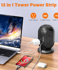 12 In 1 Tower Power Strip With 8 Outlets And 4 USB Ports, 10 Ft Extension Cord, 1050J Surge Protector on desk with devices