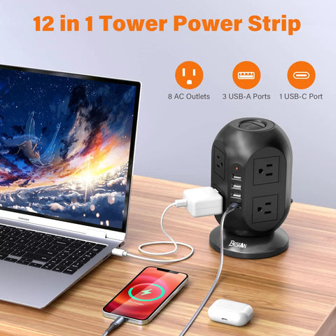 12 In 1 Tower Power Strip With 8 Outlets And 4 USB Ports, 10 Ft Extension Cord, 1050J Surge Protector on desk with devices