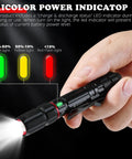 Hand holding Rechargeable Pen Light 300 Lumen High Mode and 40 Lumen Low Mode EDC Pocket Flashlight with tricolor power indicator