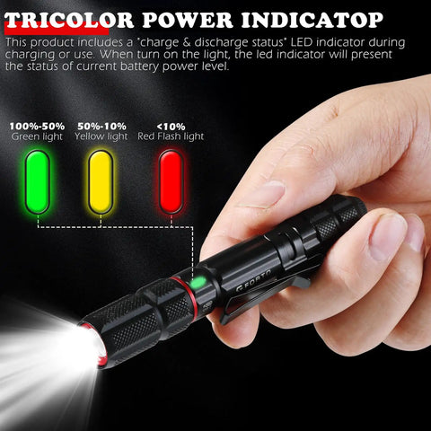 Hand holding Rechargeable Pen Light 300 Lumen High Mode and 40 Lumen Low Mode EDC Pocket Flashlight with tricolor power indicator