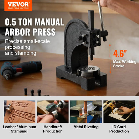 Beefy 0.5 Ton Manual Arbor Press For Desktop Stamping Bending And Forming Cast Iron Construction With 4.6 Inch Stroke