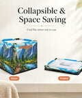 Slick 13 Inch Foldable Cube Storage Bins For Closets And Shelves Easy Clean Waterproof Bin with vibrant mountain design, open and folded.