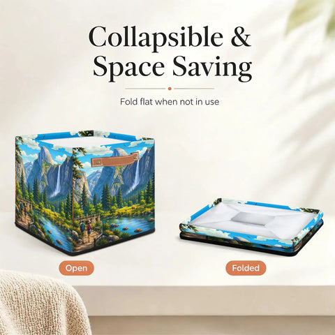 Slick 13 Inch Foldable Cube Storage Bins For Closets And Shelves Easy Clean Waterproof Bin with vibrant mountain design, open and folded.