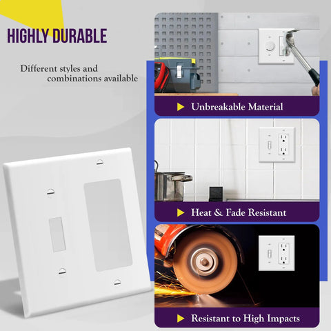 2 Gang White Decorator And Toggle Wall Plate Set, Unbreakable Polycarbonate Construction, Standard Size, Heat And Fade Resistant