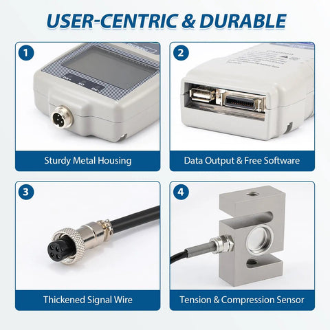 DS2-2000N Digital Force Gauge With External Sensor For Heavy Duty Tension And Compression Testing, Beefy 2000N Capacity, Precise Readout And Flexible Setup Options, metal housing and sensor parts