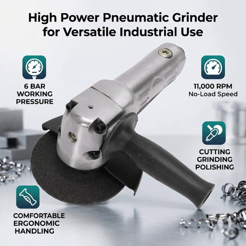 Hulking Five Inch Pneumatic Angle Grinder Dropping 11000 Rpm Of Wild Air Power for cutting, grinding, and polishing.