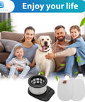 Family sitting with dog, showcasing 2 Pack HEPA Filter Kit For IZ662H IZ640H IZ631H WZ531H IZ682H Vertex Pro Lightweight Cordless Stick Vacuum Replacement XHFIZ500 XFFKIZ600 Includes 6 Foam And Felt Filters in foreground.