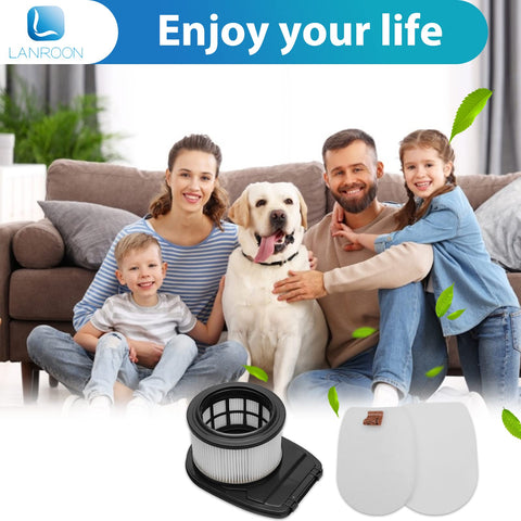 Family sitting with dog, showcasing 2 Pack HEPA Filter Kit For IZ662H IZ640H IZ631H WZ531H IZ682H Vertex Pro Lightweight Cordless Stick Vacuum Replacement XHFIZ500 XFFKIZ600 Includes 6 Foam And Felt Filters in foreground.