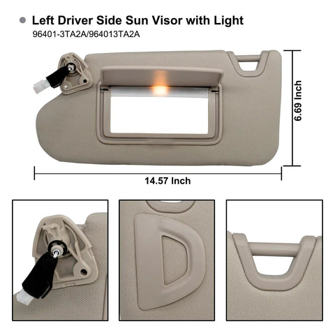 Left Driver Side Sun Visor For Nissan Altima 2013-2018 With Built-In Light Beige Direct Replacement Non OEM Without Sunroof Part 96401-3TA2A