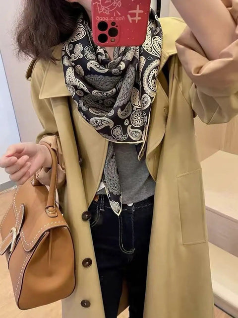 Fashionable person with 43 Inch Square Silk Feeling Scarf For Hair And Neck Wrap, Lightweight Satin Polyester Blend, 110cm By 110cm