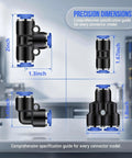 Get This Awesome QITUO 60 Pc Air Fitting Kit With Fast Push To Connect Design For Compressors And Pneumatic Tools In 8 Sizes Including 1/4 inch And Metric Options To Make Your Job Much Easier. black brass plastic air fitting size guide with 1.3in and 2in dimensions