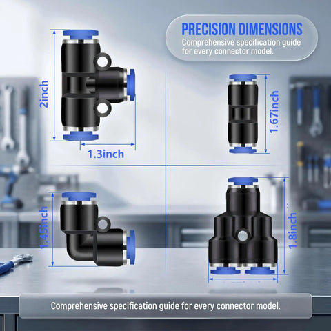 Get This Awesome QITUO 60 Pc Air Fitting Kit With Fast Push To Connect Design For Compressors And Pneumatic Tools In 8 Sizes Including 1/4 inch And Metric Options To Make Your Job Much Easier. black brass plastic air fitting size guide with 1.3in and 2in dimensions