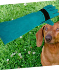 Pet Grooming Gloves For Dogs And Cats With Long Sleeve Protective Faux Leather shown with a brown dog on grass