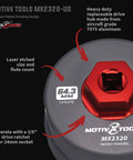 Toyota Oil Filter Wrench 64mm 14 Flute CNC Machined Aluminum Removal Tool Fits Camry Tundra Tacoma 4Runner RAV4 And More Cartridge Style Caps For 1.8L To 5.7L Engines, close-up showing laser etched size and drive hub.