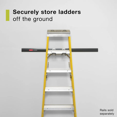 FastTrack Ladder Hook Wall Mount System For Garage Shed And Home Heavy Duty Rust Resistant Steel Organizer holding yellow ladder.