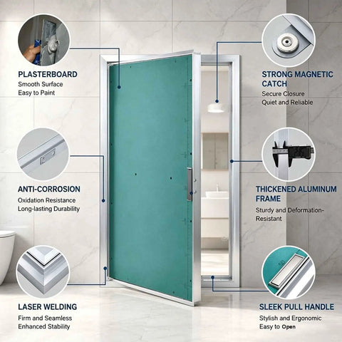 Sturdy Aluminum Alloy Recessed Drywall Access Panel Featuring Slick Flush Mount No Sweat Paint Match Seamless Ceiling Blend Easy Lift Handle in modern bathroom.