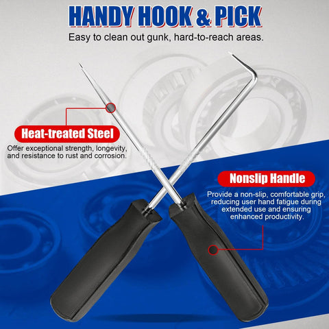 Handy hook and pick tools with heat-treated steel and nonslip handle from 14 Piece Snap Ring Pliers Set With Straight And Bent Pliers.