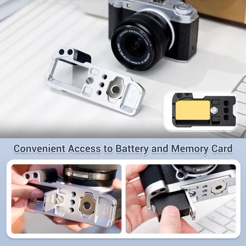 Hand Grip For Fujifilm X M5 Camera With L Shape Bracket Built In Arca Quick Release Plate And Battery Access displayed with camera.