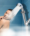 High Pressure Handheld Shower Head Kit With Turbo Fan Jet For Powerful Rinse 360 Degree Rotation used by woman in bathroom.