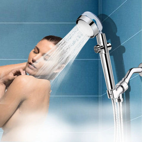 High Pressure Handheld Shower Head Kit With Turbo Fan Jet For Powerful Rinse 360 Degree Rotation used by woman in bathroom.
