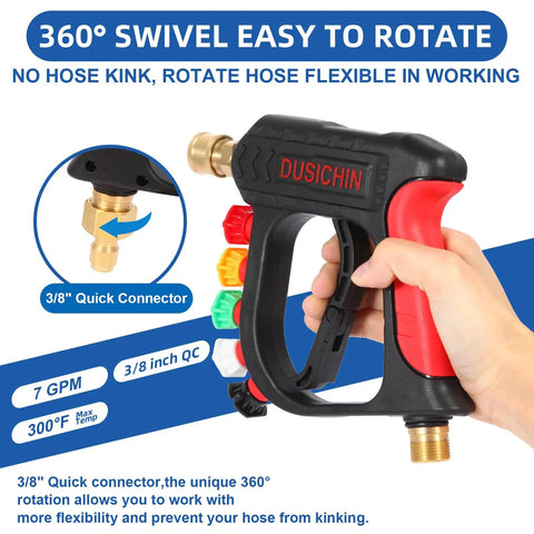 Hand holding Foam Cannon For Pressure Washer Gun Kit With 1 Quarter Inch Quick Connect, 5 Nozzle Tips, 3 Eighths Inch Swivel Connector