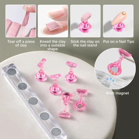 All-In-One Nail Art Kit With 24Pcs Tools, Two Nail Stand Sets shown with pink magnetic stands and clear base for DIY mani