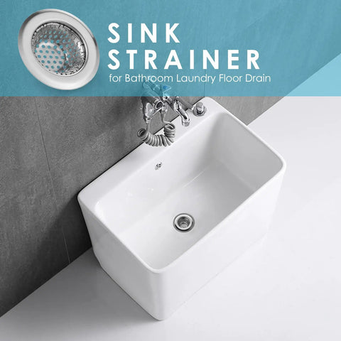 Overhead view of white sink with Mini Stainless Steel Bathroom Drain Strainer Two Pack With Two Point One Seven Inch Diameter