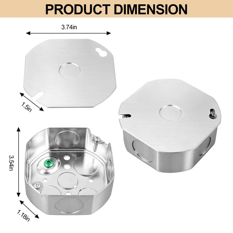Four Inch Octagon Electrical Box With Cover Set Heavy Duty Galvanized Steel Octagonal Junction Box With Half Inch And Three Quarter Inch Knockouts Includes Matching Octagon Cover With Half Inch Knockout Hole. Dimensions shown for 4-inch galvanized steel box and cover.