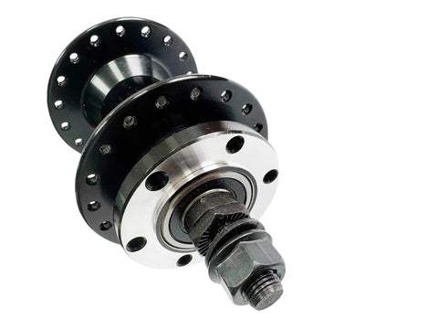 Close-up of 36 hole aluminum front hub for mountain road and e-bike applications, 100mm QR spacing, disc brake ready, CNC machined.