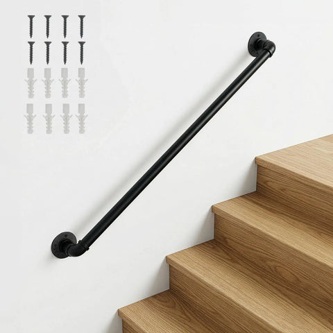 Heavy Duty Four Foot Iron Stair Handrail In Matte Black Finish Rust Resistant Body For Indoor Or Outdoor Staircases With Dead Simple Hardware Setup For Quick Weekend Fixes mounted on staircase with hardware.