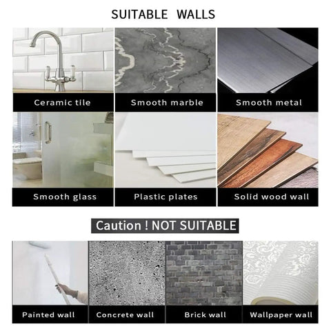 Image showing surfaces for Stick On 16 Inch Towel Bar With Two Adhesive Hooks, suitable for tile, marble, metal, glass, plastic, wood.