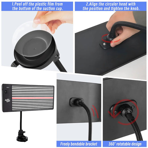 LED PDR Light Board For Dent Repair With Suction Cup USB Powered Reflective Line Light For Auto Body Work Paintless Dent Detection Tool Portable Car Repair Lighting For Better Dents Visibility with suction cup close-up and installation steps.