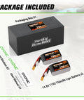 Two Battery Pack 750mAh 14 8V LiPo Battery 4S 110C With XT30 Plug packaging and contents displayed.