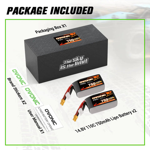 Two Battery Pack 750mAh 14 8V LiPo Battery 4S 110C With XT30 Plug packaging and contents displayed.