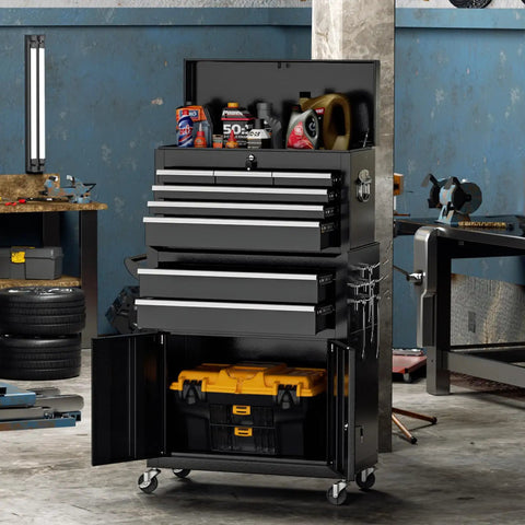 Beefy Heavy Duty Eight Drawer Rolling Tool Chest With Lock Detachable Cabinet Cart On Wheels shown in garage workshop.