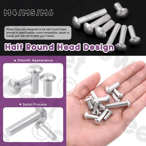 300 Pack Aluminum Rivets Set M4 M5 M6 With 10mm 14mm 20mm 25mm Lengths Brazier Head Solid Aluminum displayed on hand and surface