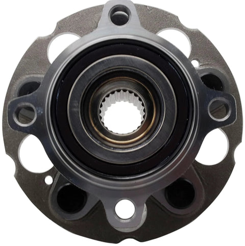 Front view of rear wheel bearing and hub assembly for select Acura and Honda models complete no fuss drop in fit with OEM quality bearings.